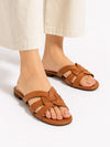 ZAYRA Women’s Tan Interlocking Woven Strap Slippers – Cognac Brown Flat Slip-On Slides