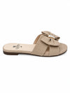 Side profile view of ZAYRA ladies beige flat slide slipper with bow and low rubber heel