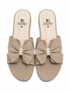 Top view pair of ZAYRA beige textured flat slippers with bow and crystal accents