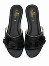 ZAYRA Women’s Black Floral Mesh Flat Slides – 3D Floral Embellished Slip-On Slippers