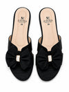 Top view of ZAYRA black slippers showing padded sole with logo