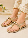 ZAYRA Women’s Gold Crystal Flat Sandals – Embellished Slingback T-Strap Sandals