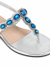 ZAYRA Women’s Silver Crystal Flat Sandals – Blue Gem Slingback T-Strap Sandals