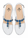 ZAYRA Women’s Silver Crystal Flat Sandals – Blue Gem Slingback T-Strap Sandals