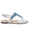 ZAYRA Women’s Silver Crystal Flat Sandals – Blue Gem Slingback T-Strap Sandals