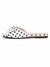 Side view of ZAYRA ladies white flat slide slipper with black polka dot pattern